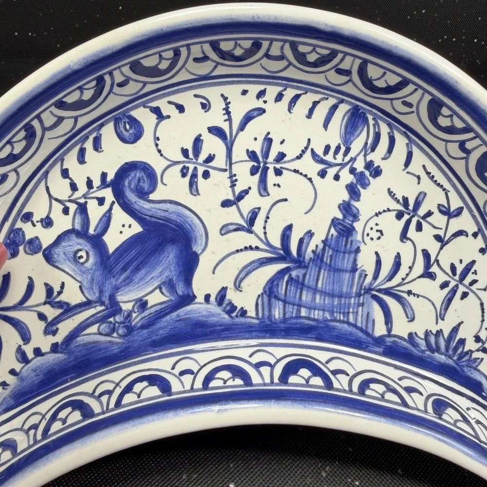 Eximious Portugal Hand Painted Blue White Squirrel Crescent Bone Dish Plate Dish